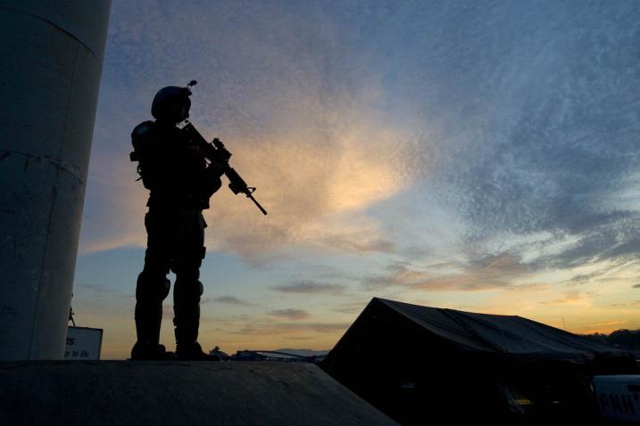 A UNIFIL peacekeeper from Spain on a regular patrol in the vicinity of Al Wazzani, south-eastern Lebanon as the sun sets in the horizon. Since 1948, more than a million women and men have served as UN peacekeepers.